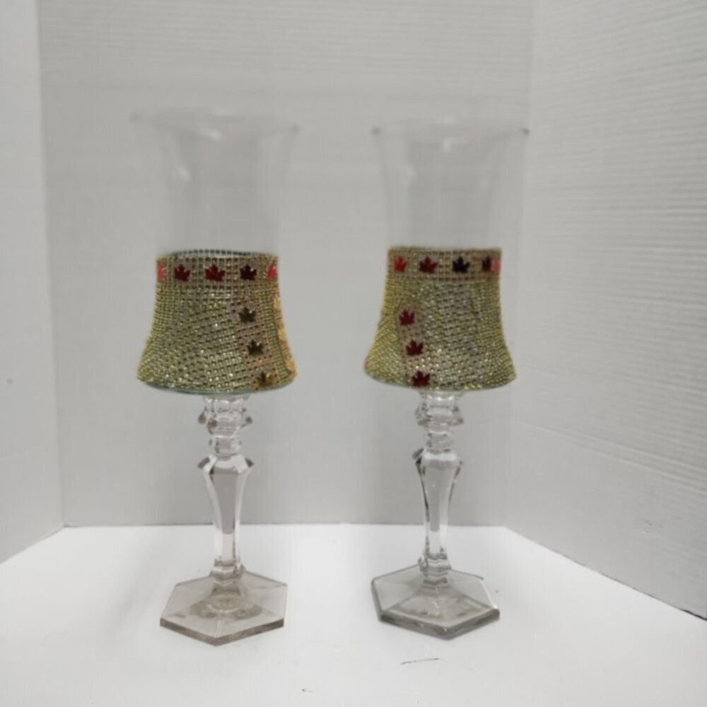Fall-Themed Gold & Maple Leaf Crystal Candle Holders – Set of 2 Elegant Holiday - Picture 2 of 2
